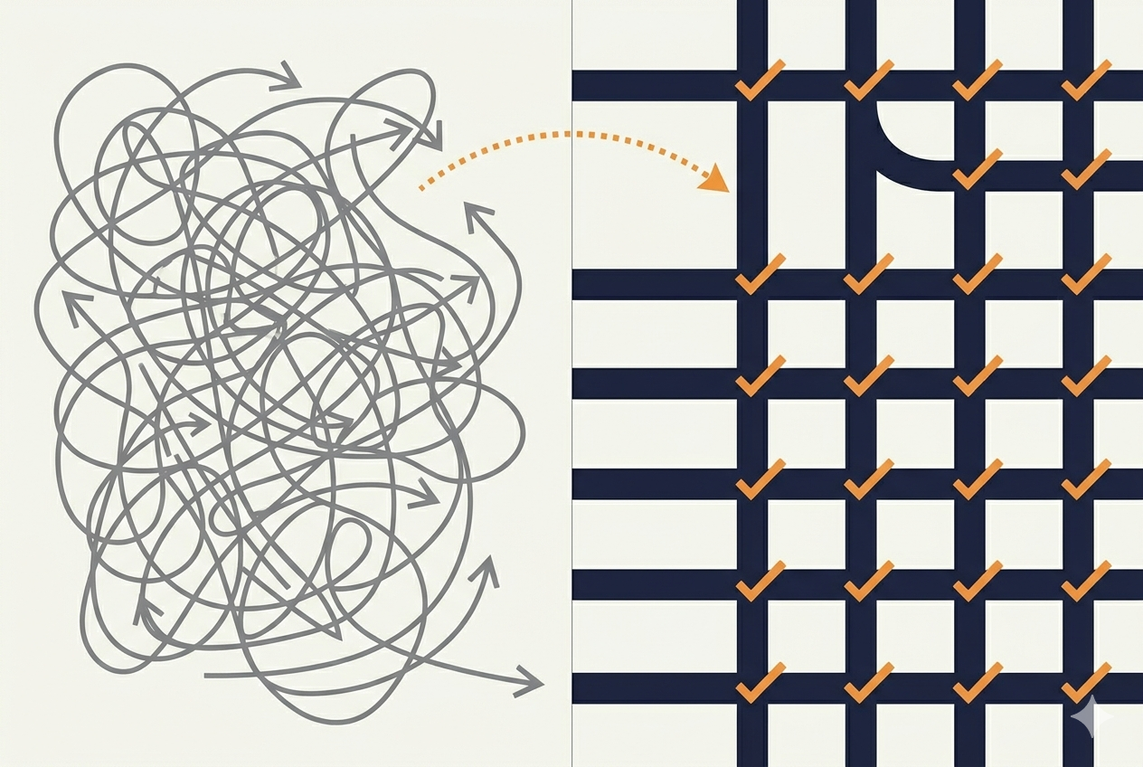 Split composition — tangled chaos of arrows on the left, clean parallel grid with checkmarks on the right