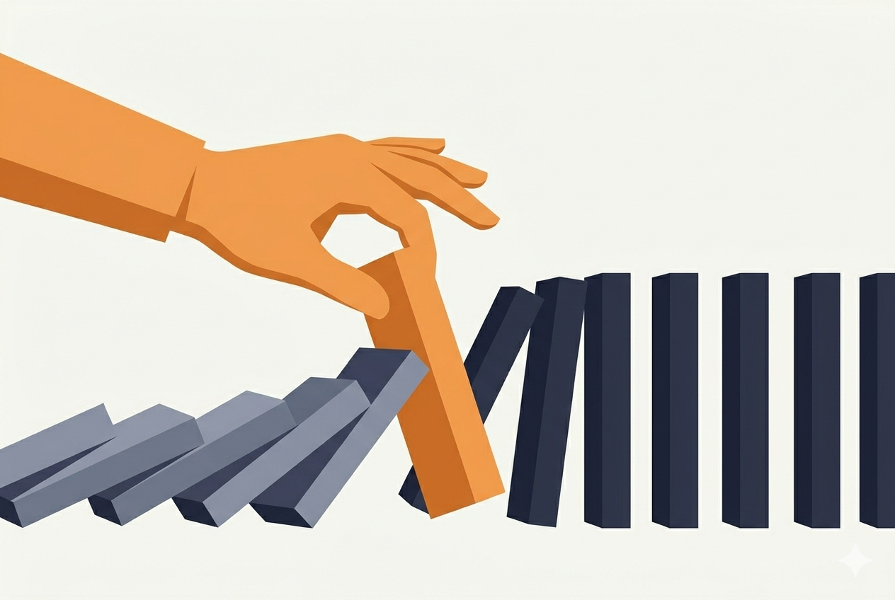 A hand catching a falling domino mid-chain reaction — fallen dominoes in gray, standing ones in navy, the caught one in amber