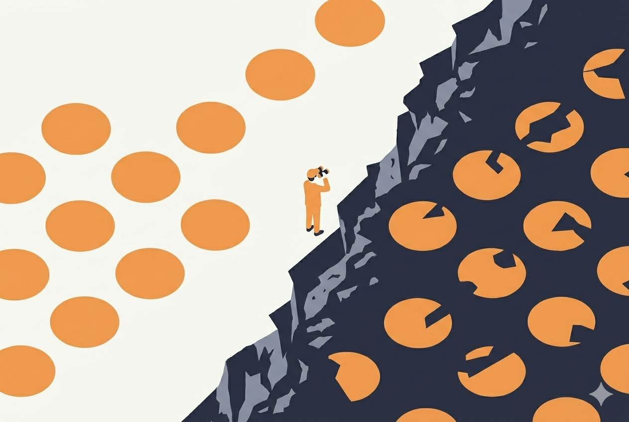 A figure with binoculars standing on a jagged frontier — clean circles on one side, broken ones on the other
